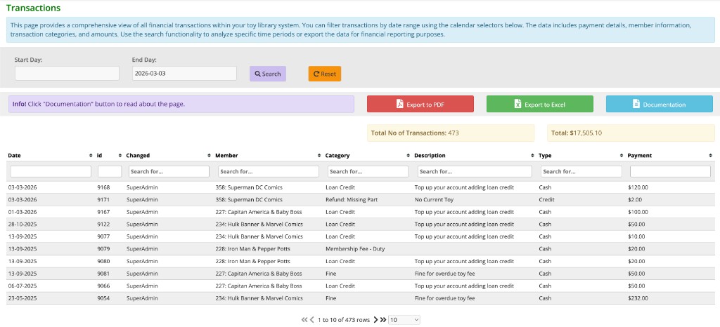 Transactions page before redesign