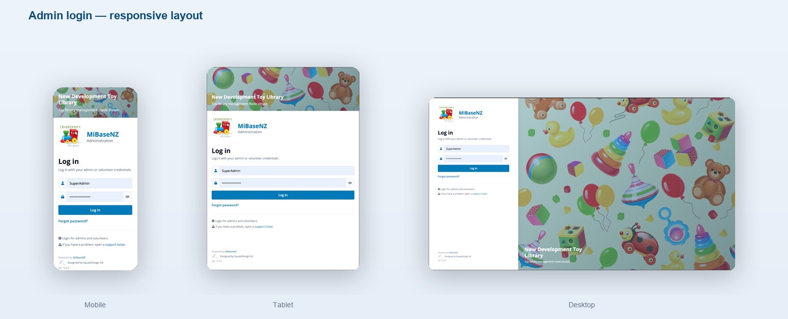 MiBaseNZ admin login responsive showcase — mobile, tablet, and desktop layouts