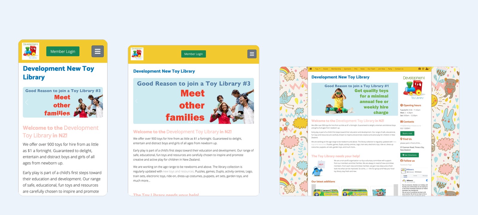 MiBaseNZ public website responsive showcase — mobile, tablet, and desktop layouts