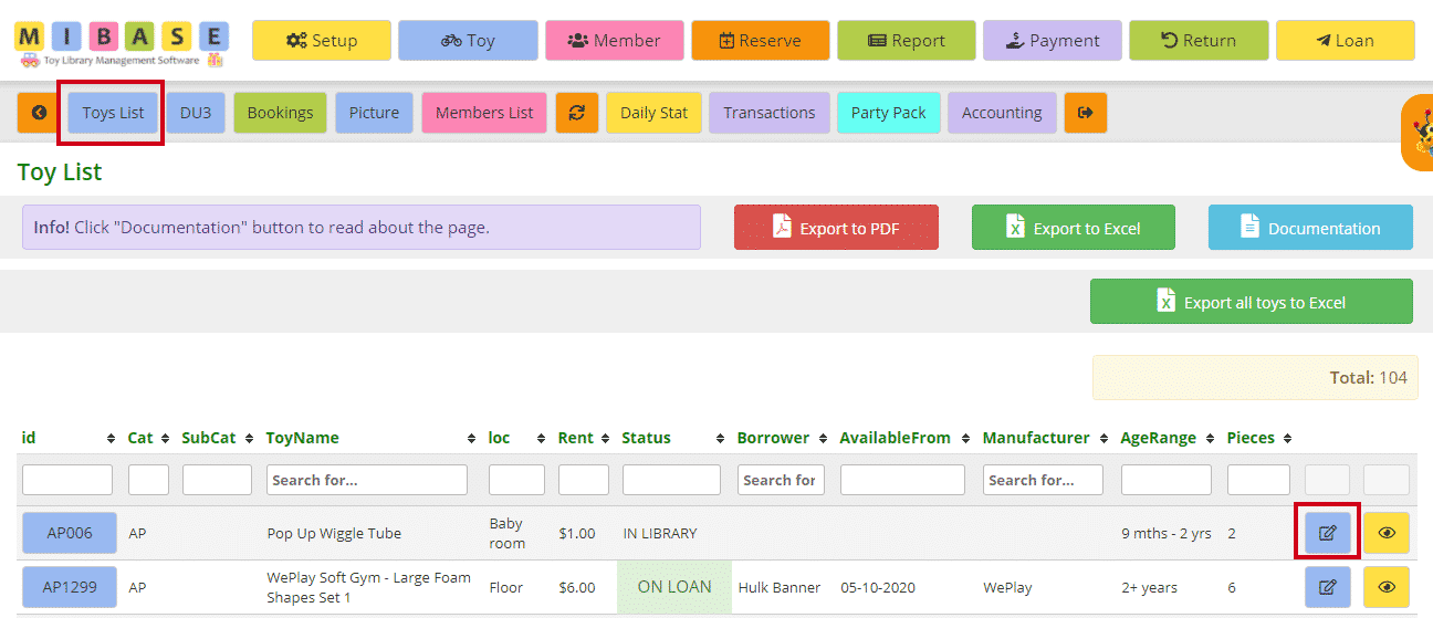 Toy list page to edit a toy page