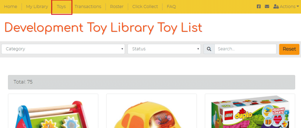 Toy List page