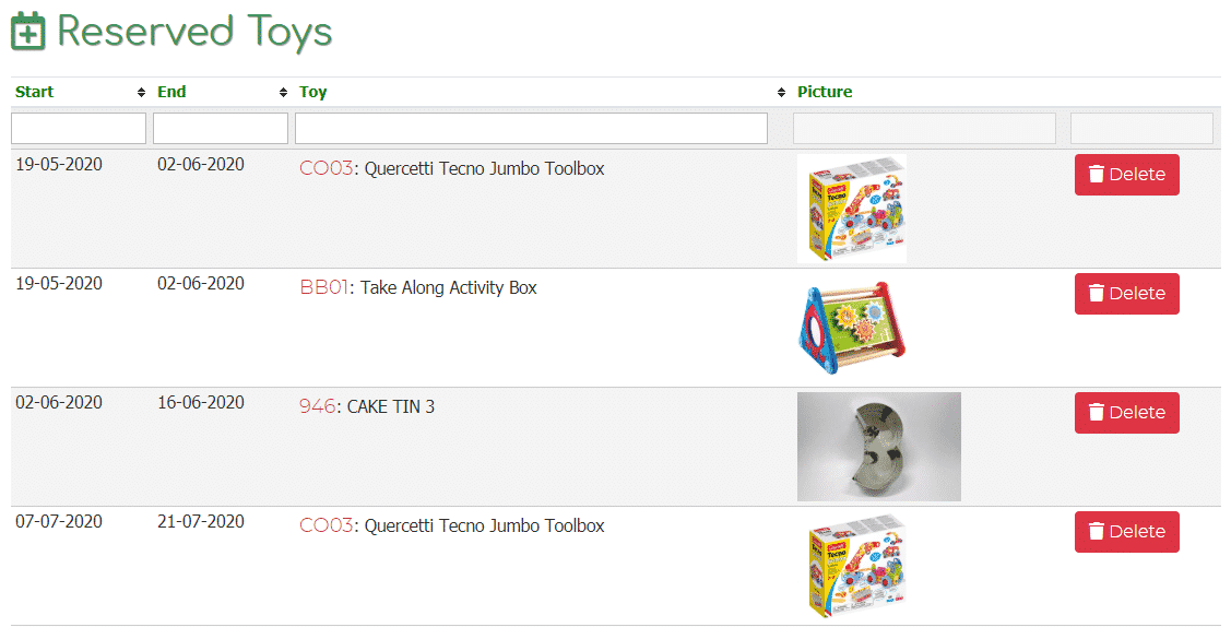 Reserved toys list in members website