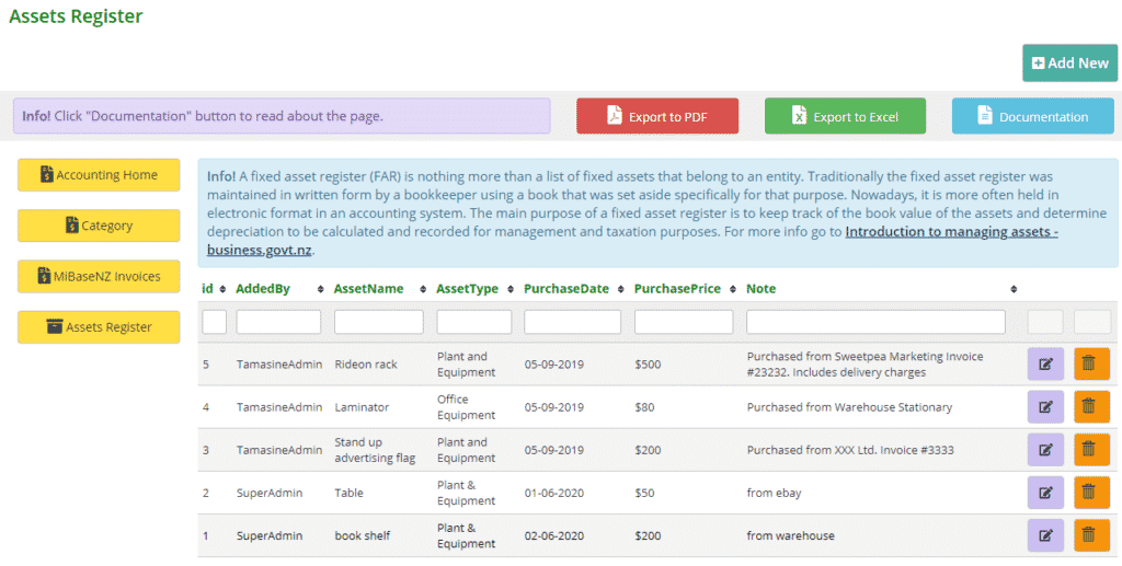 Fixed Asset Register - MiBase New Zealand