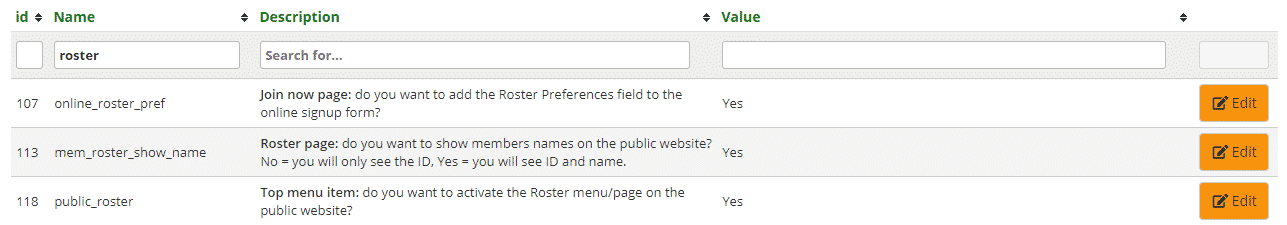 Roster settings for Public Website