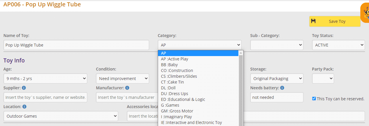 Toy category dropdown menu