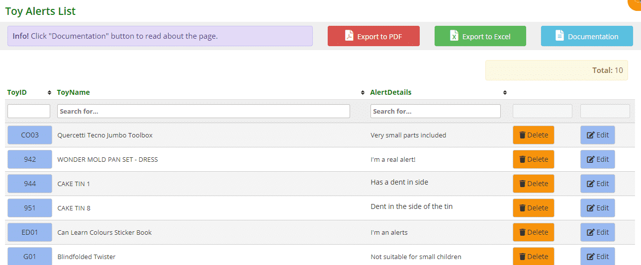 Toy alerts list