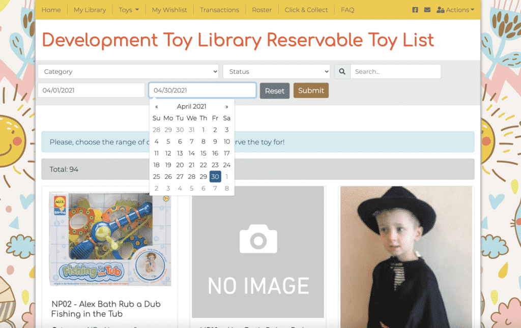 Reservable Toy Page with date