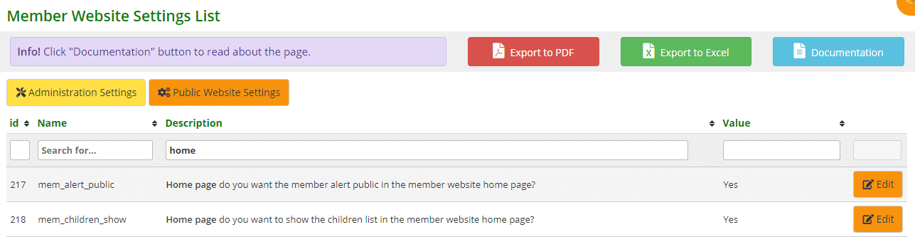Member Website home page settings