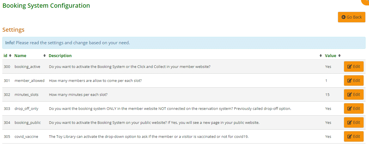 Settings for the Booking System