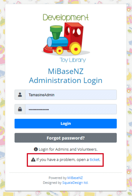 Admin Login Page - open a ticket