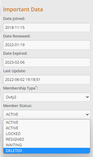 Member Status Dropdown Menu