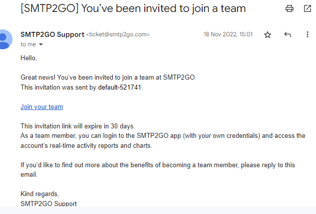 Email invite to join SMTP2GO