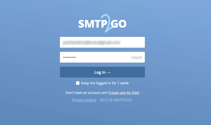 Login page for SMTP2GO