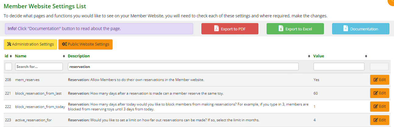 Member website reservation settings